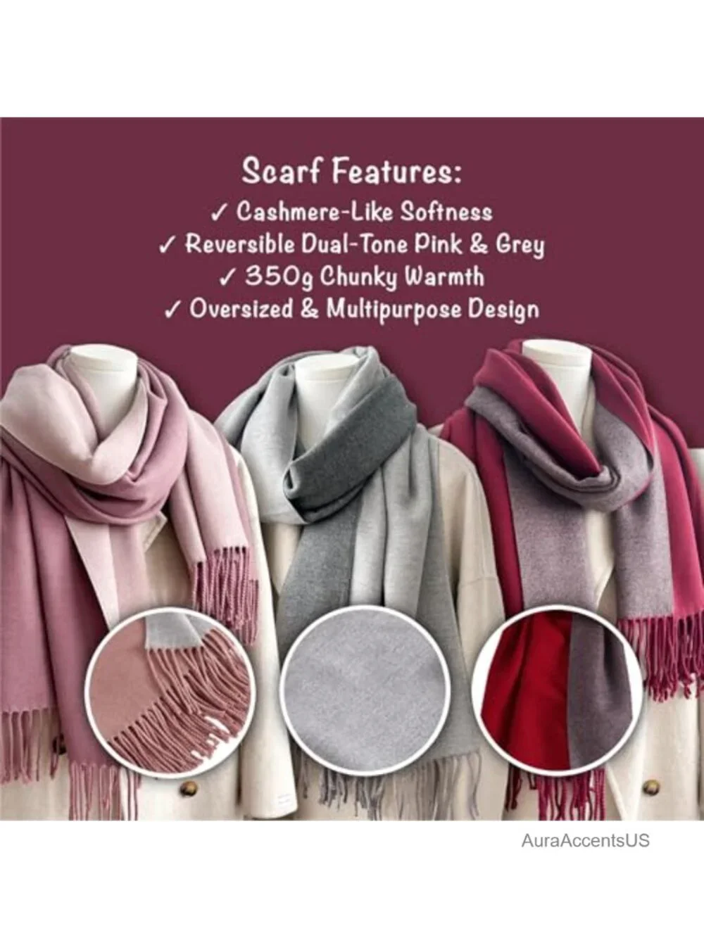 Reversible Cashmere-Like Winter Scarf Wrap Shawl Pashmina